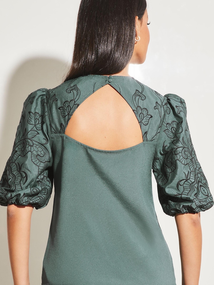 Lipsy Green Embroidered 3D Puff Sleeve V Neck Blouse - Image 2 of 4 Lipsy Green Embroidered 3D Puff Sleeve V Neck Blouse - Image 2 of 4