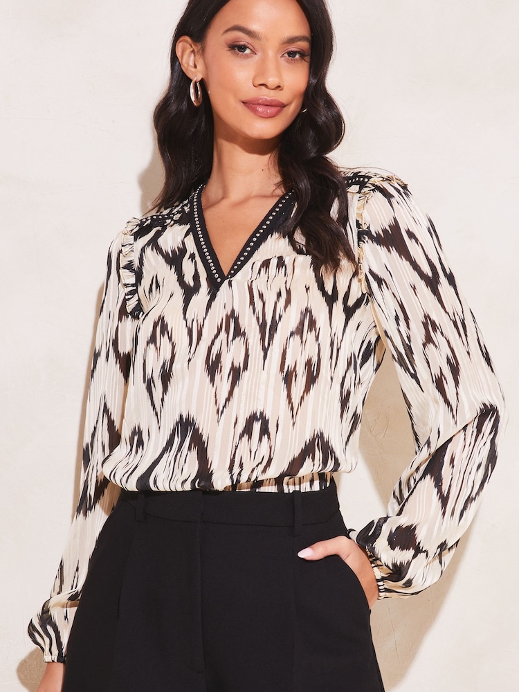 Lipsy Ivory White Studded V Neck Ruffle Long Sleeve Blouse - Image 1 of 4