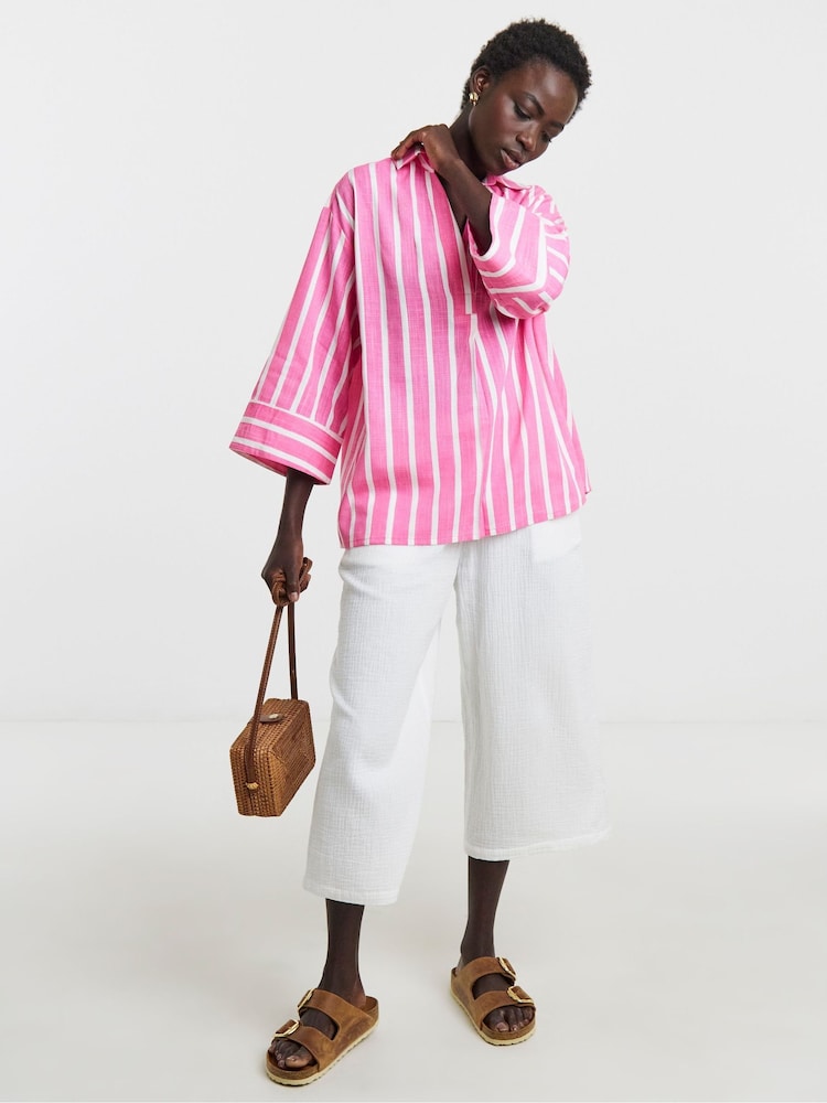 JD Williams Pink Linen Mix Stripe Tunic Top - Image 1 of 4 JD Williams Pink Linen Mix Stripe Tunic Top - Image 1 of 4