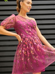 Chi Chi London Berry Red One Shoulder Embroidered Mini Dress - Image 3 of 5