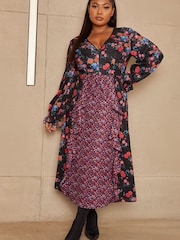 Chi Chi London Black Multi Curve Long Sleeve Plunge Floral Printed Midi Dress - Image 1 of 5