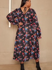 Chi Chi London Black Multi Curve Long Sleeve Plunge Floral Printed Midi Dress - Image 2 of 5