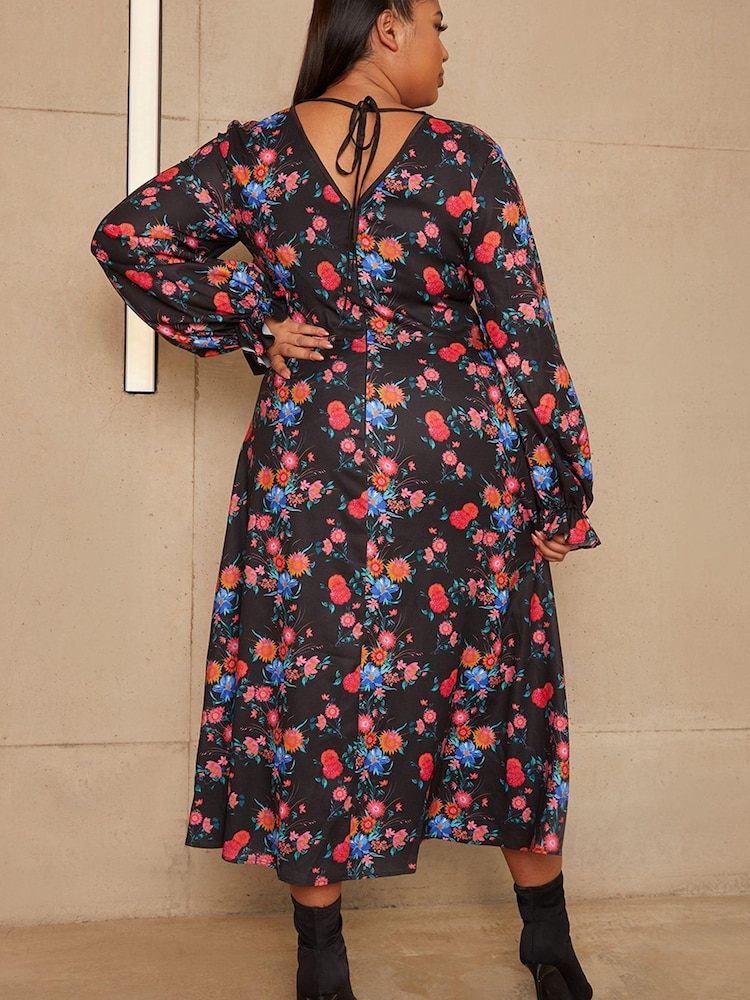 Chi Chi London Black Multi Curve Long Sleeve Plunge Floral Printed Midi Dress - Image 2 of 5