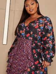 Chi Chi London Black Multi Curve Long Sleeve Plunge Floral Printed Midi Dress - Image 4 of 5