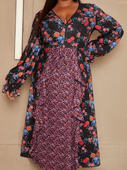 Chi Chi London Black Multi Curve Long Sleeve Plunge Floral Printed Midi Dress - Image 5 of 5