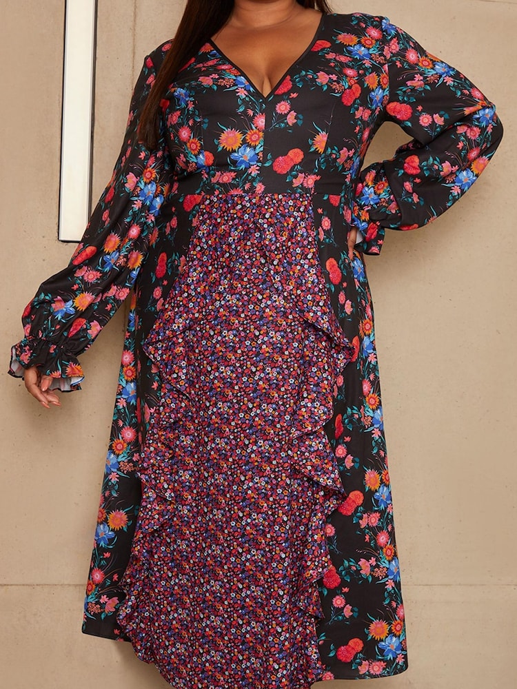 Chi Chi London Black Multi Curve Long Sleeve Plunge Floral Printed Midi Dress - Image 5 of 5