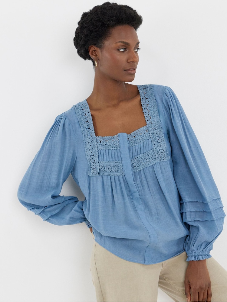 JD Williams Blue Square Neck Line Prairie Blouse - Image 2 of 4