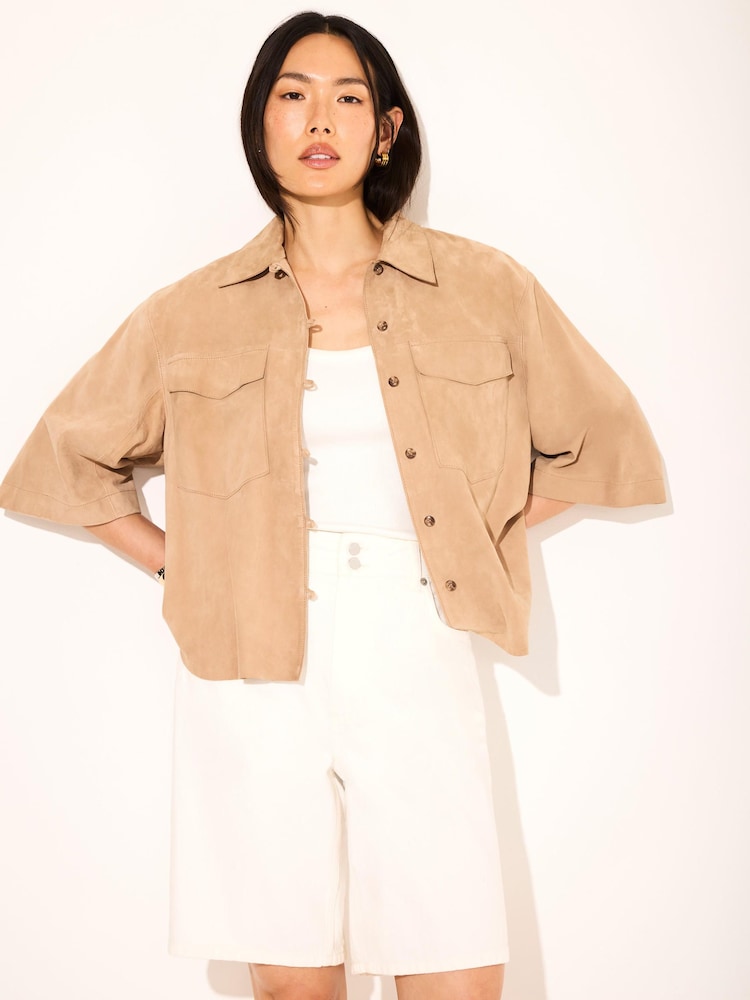 Mint Velvet Natural Suede Oversized Shirt - Image 1 of 7