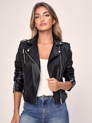 Lipsy Black SIlver Faux Leather Biker Jacket - Image 1 of 4
