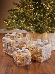 Lumineo Set of 3 Natural Warm White LED Rattan Effect Christmas Present Decorations - Image 1 of 4