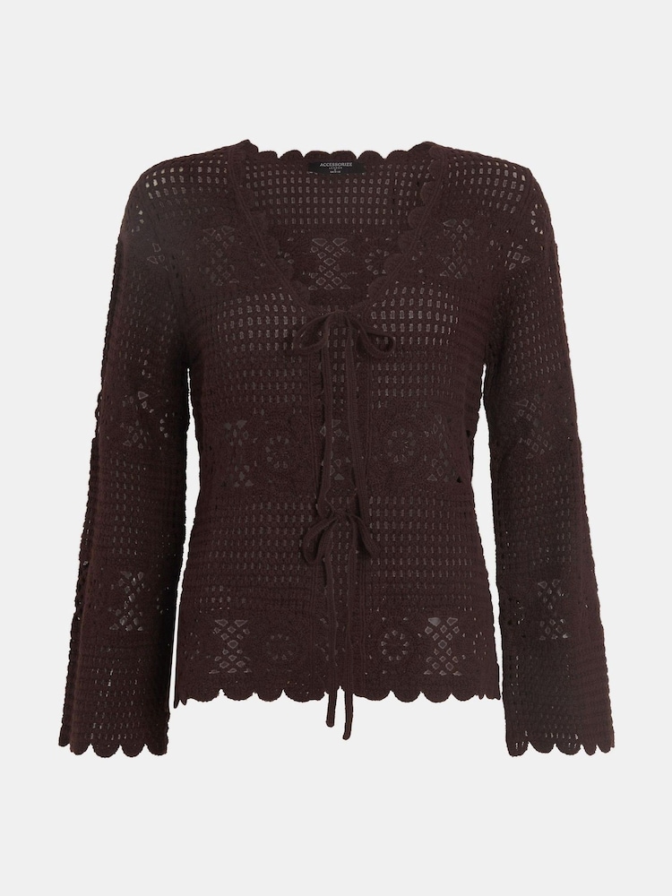 Accessorize Brown Crochet Tie Front Cardigan - Image 4 of 4 Accessorize Brown Crochet Tie Front Cardigan - Image 4 of 4