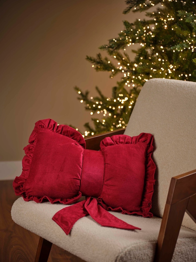 Decoris Red Velvet 50cm Festive Christmas Bow Cushion - Image 1 of 2 Decoris Red Velvet 50cm Festive Christmas Bow Cushion - Image 1 of 2