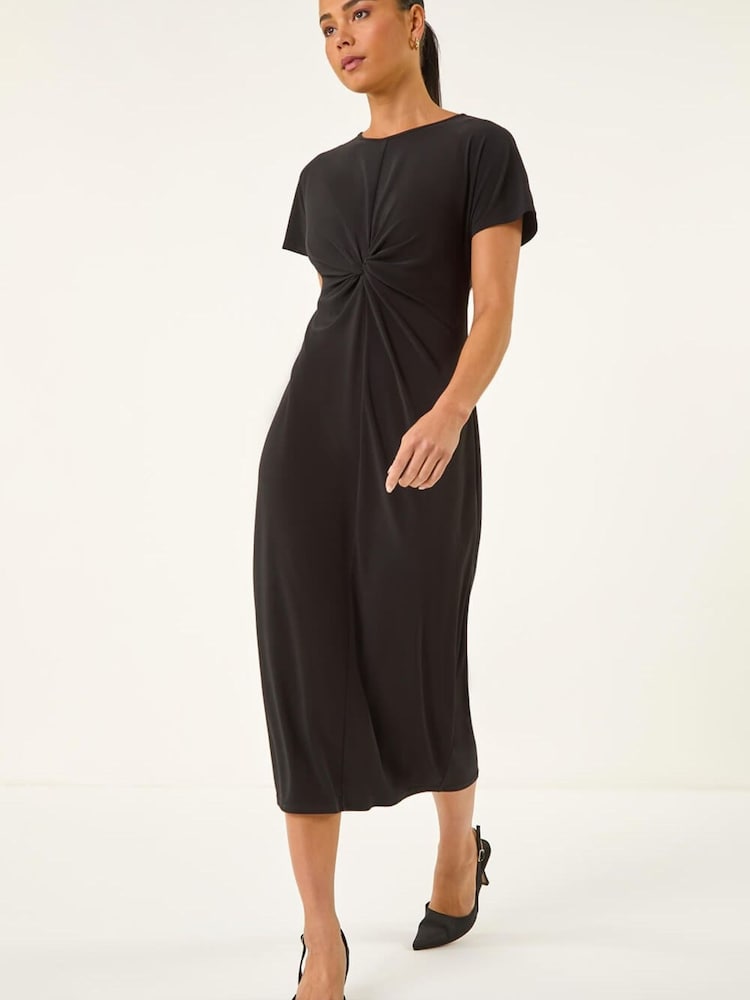 Roman Black Petite Twist Front Midi Dress - Image 2 of 5