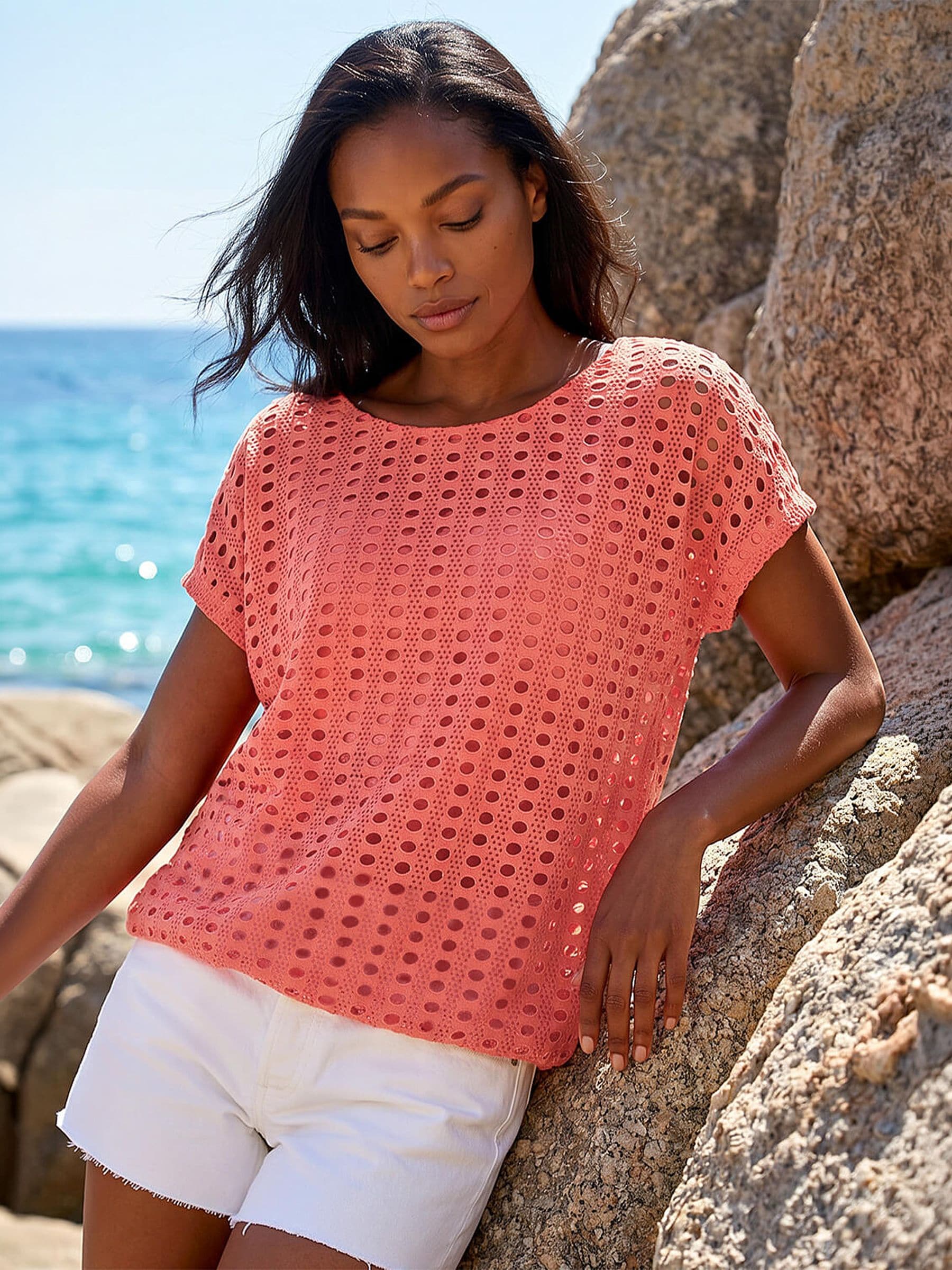 Roman Women's Orange Cut Out Detail Stretch Top
