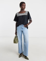JD Williams Black Square Neck Rick Rack Trim LongLine Swing Top - Image 1 of 4