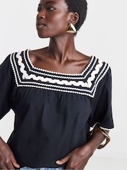 JD Williams Black Square Neck Rick Rack Trim LongLine Swing Top - Image 3 of 4