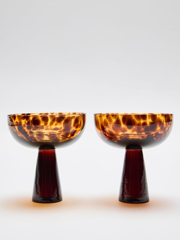 Oliver Bonas Set of 2 Brown Yara Tortoiseshell Champagne Saucers Glasses - Image 2 of 6 Oliver Bonas Set of 2 Brown Yara Tortoiseshell Champagne Saucers Glasses - Image 2 of 6