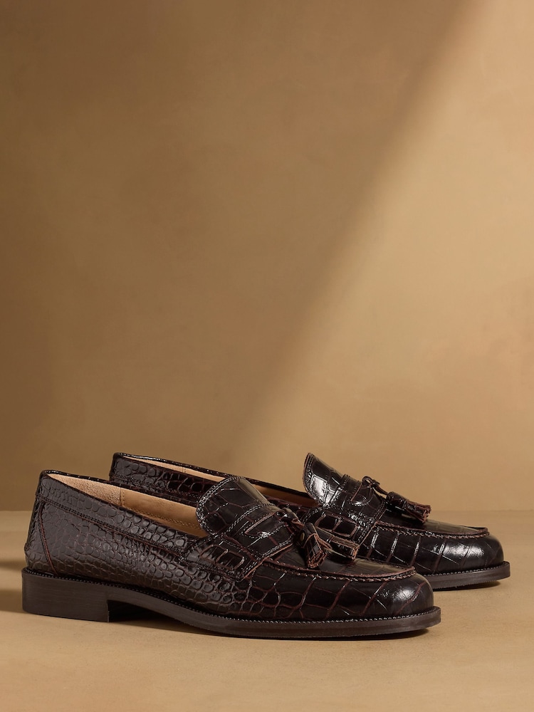 Russell & Bromley Oxblood Croc Print Keeble 3 Tassel College Loafers - Image 1 of 7 Russell & Bromley Oxblood Croc Print Keeble 3 Tassel College Loafers - Image 1 of 7