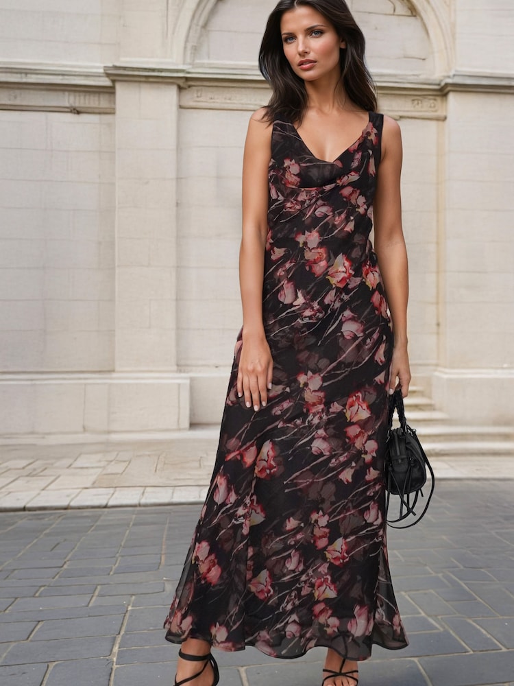 Religion Black Floral Indium Maxi Tea Dress With Feminine Button Detail In Abstract - Image 1 of 4 Religion Black Floral Indium Maxi Tea Dress With Feminine Button Detail In Abstract - Image 1 of 4