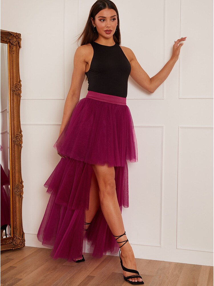 Chi Chi London Berry Red Tiered Tulle Dip Hem Skirt - Image 1 of 1