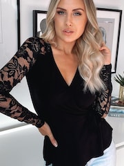 Lipsy Black Long Sleeve Lace Wrap Top - Image 2 of 2