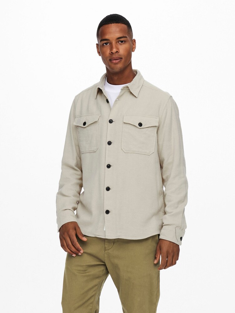 Only & Sons Stone Regular Fit Button Up Long Sleeve Flannel Overshirt - Image 1 of 5
