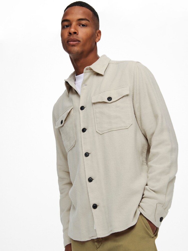 Only & Sons Stone Regular Fit Button Up Long Sleeve Flannel Overshirt - Image 2 of 5
