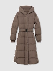 Taupe Neutrali - Reiss Larissa Belted Longline Hooded Puffer Coat - 2 paveikslėlis iš 8
