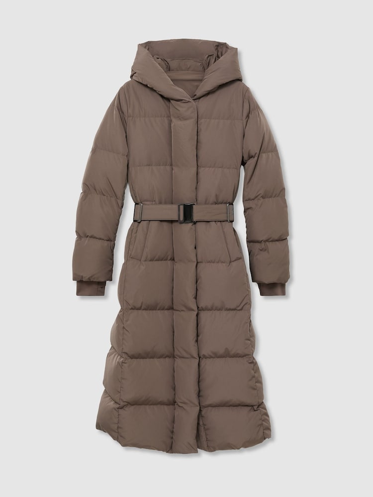 Taupe Neutrali - Reiss Larissa Belted Longline Hooded Puffer Coat - 2 paveikslėlis iš 8