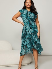 Lipsy Green Multi Curve Printed Keyhole Ruffle Fit and Flare Midi Dress - Image 1 of 4