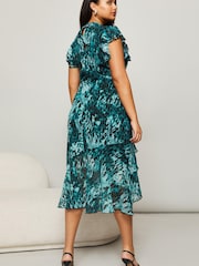 Lipsy Green Multi Curve Printed Keyhole Ruffle Fit and Flare Midi Dress - Image 2 of 4