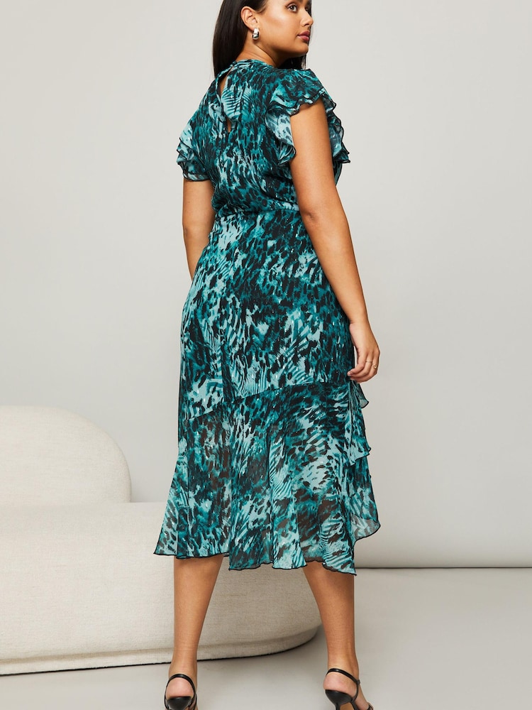 Lipsy Green Multi Curve Printed Keyhole Ruffle Fit and Flare Midi Dress - Image 2 of 4