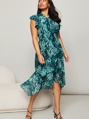 Lipsy Green Multi Curve Printed Keyhole Ruffle Fit and Flare Midi Dress - Image 3 of 4