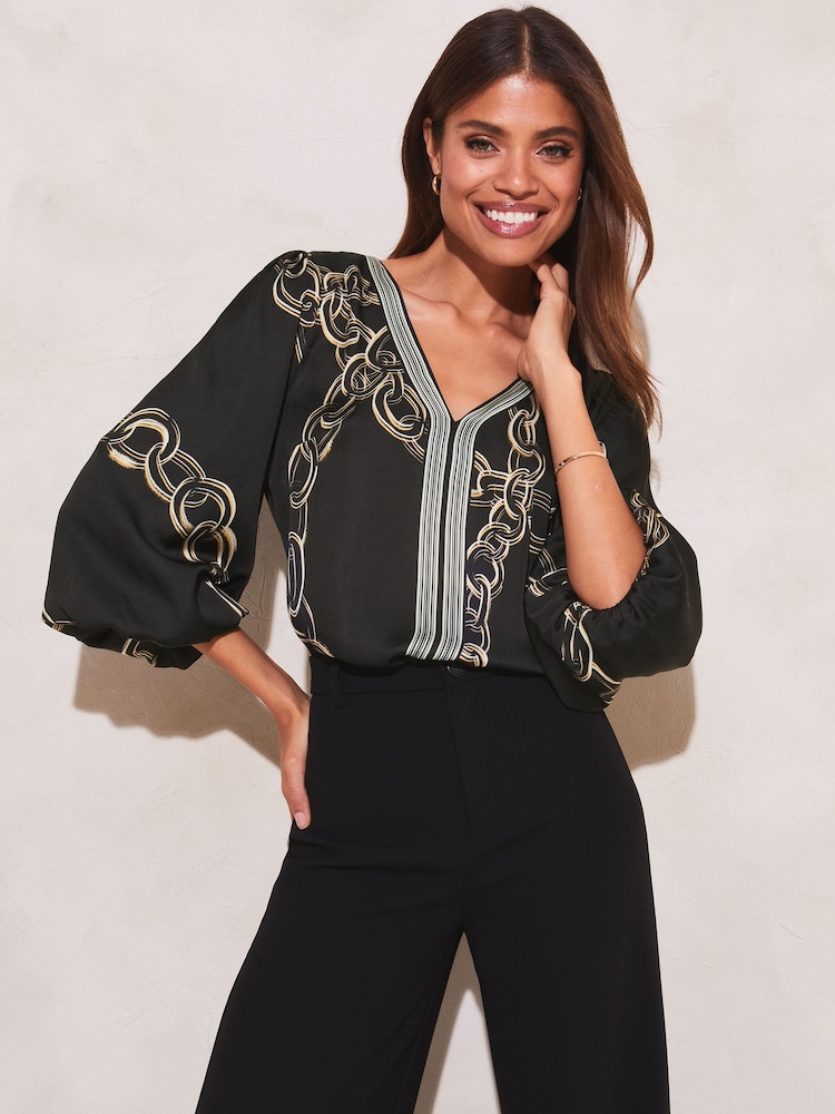 Lipsy Black Print V Neck 3/4 Puff Sleeve Print Top - Image 1 of 4 Lipsy Black Print V Neck 3/4 Puff Sleeve Print Top - Image 1 of 4