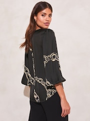 Lipsy Black Print V Neck 3/4 Puff Sleeve Print Top - Image 2 of 4
