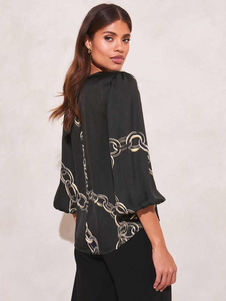 Lipsy Black Print V Neck 3/4 Puff Sleeve Print Top - Image 2 of 4