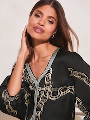 Lipsy Black Print V Neck 3/4 Puff Sleeve Print Top - Image 4 of 4