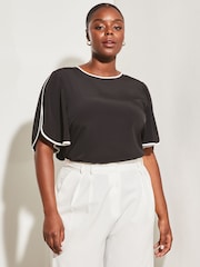 Lipsy Black Tipped Curve Split Flute Sleeve Round Neck Top - Image 1 of 4