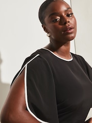 Lipsy Black Tipped Curve Split Flute Sleeve Round Neck Top - Image 4 of 4