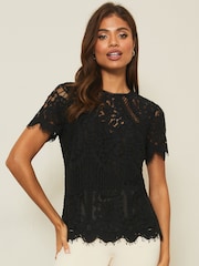 Lipsy Black Lace Short Sleeve Top - Image 1 of 3