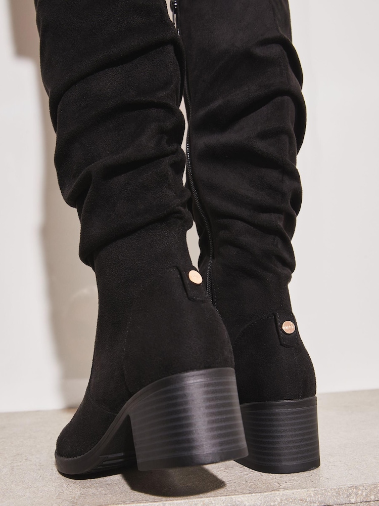 Lipsy Black Regular Fit Block Heel High Leg Low Heel Ruched Boot - Image 2 of 4