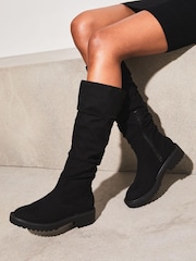 Lipsy Black Flat Ruched Chunky Knee High Boot - Image 1 of 4