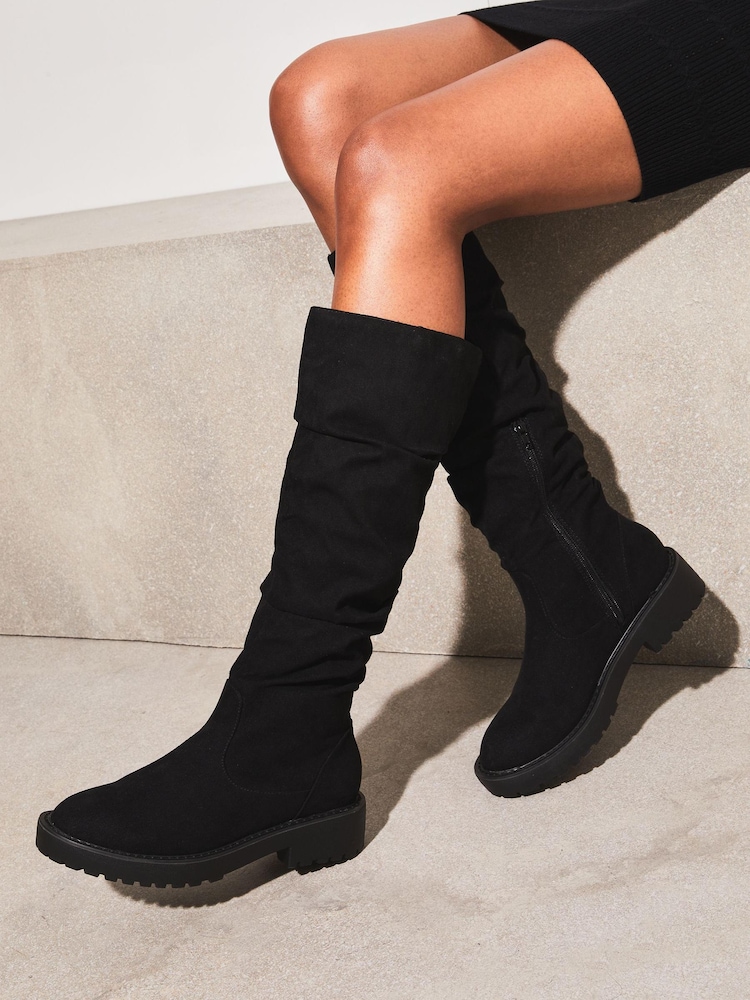 Lipsy Black Flat Ruched Chunky Knee High Boot - Image 1 of 4