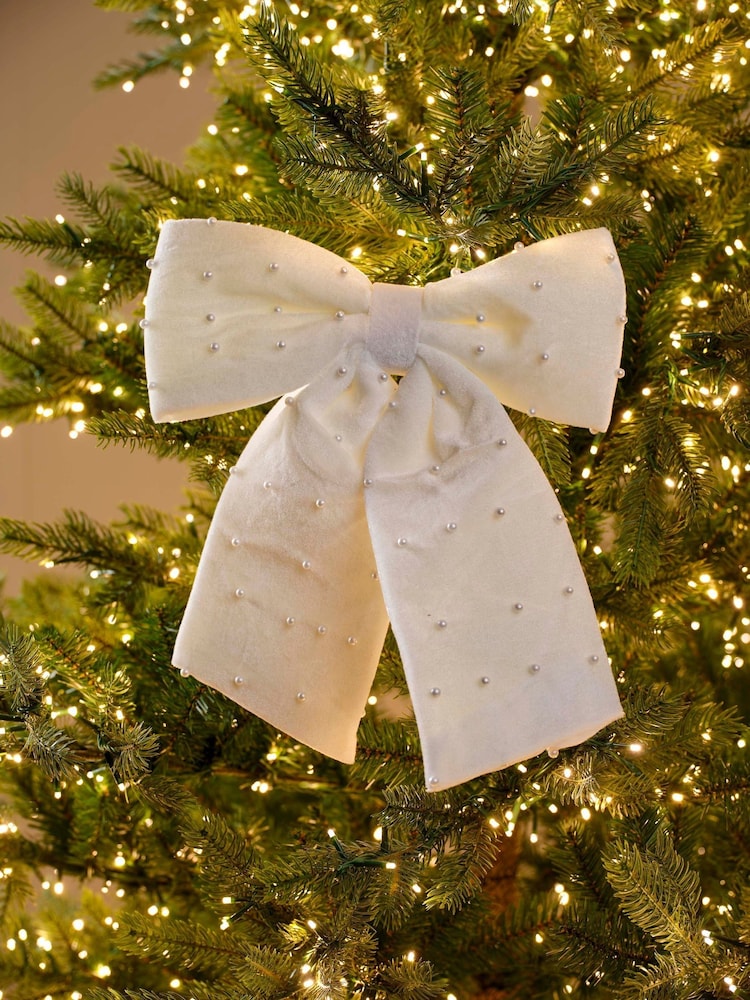 Decoris White Pearl Embellished Bow Christmas Tree Topper - Image 1 of 3 Decoris White Pearl Embellished Bow Christmas Tree Topper - Image 1 of 3