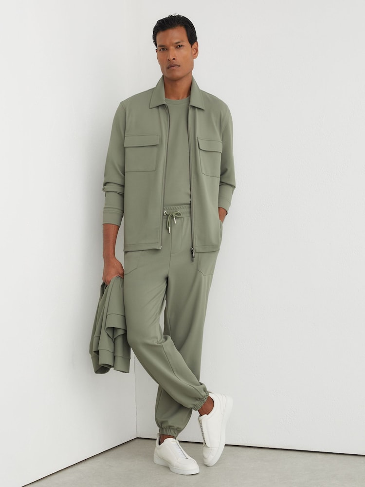 Reiss Sage Green Glover R-Flex Stretch-Twill Zip-Through Overshirt - Image 1 of 8