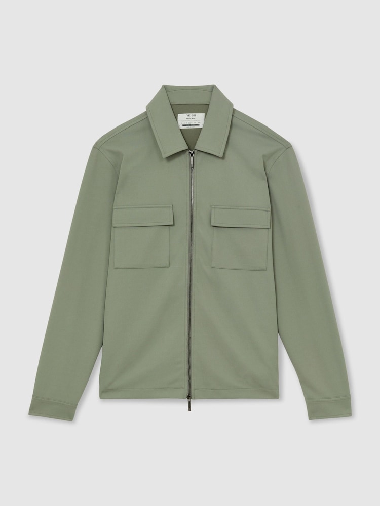 Reiss Sage Green Glover R-Flex Stretch-Twill Zip-Through Overshirt - Image 2 of 8