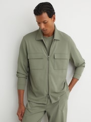 Reiss Sage Green Glover R-Flex Stretch-Twill Zip-Through Overshirt - Image 5 of 8