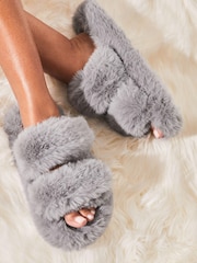 Szary - Lipsy Faux Fur Double Strap Slippers - Image 1 of 4
