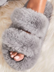 Szary - Lipsy Faux Fur Double Strap Slippers - Image 3 of 4