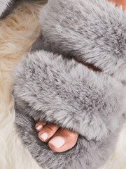 Szary - Lipsy Faux Fur Double Strap Slippers - Image 4 of 4